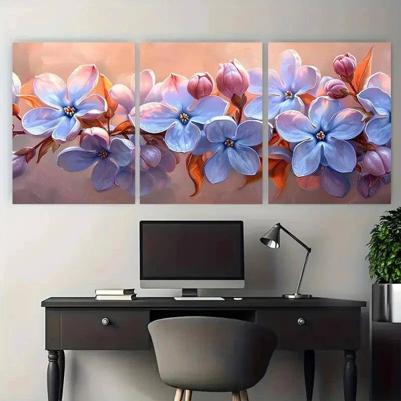 3pcs Vibrant Lilac Blossom Floral Illustration Metal Print Ready to Hang Art