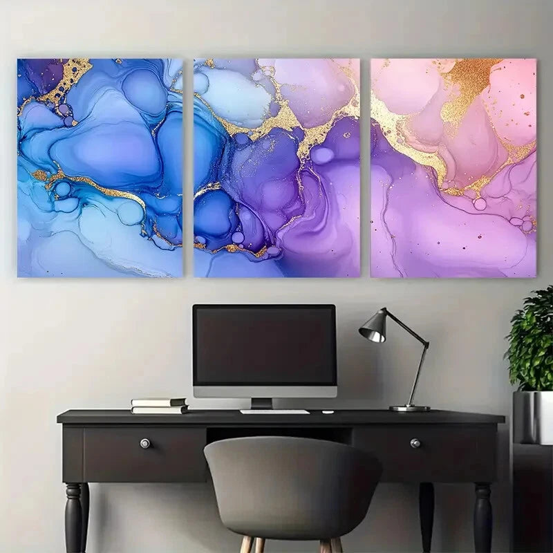 3pcs Blue Purple Golden Marbling Fluid Design Metal Print Ready to Hang Art