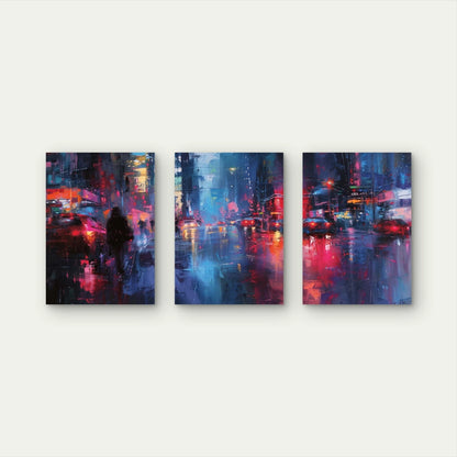 3pcs Neon Lights Reflection On Wet Streets Wall Art Set Canvas Framed 50x70cm - High Quality Print 100% Australian Made Wall Canvas Ready to Hang