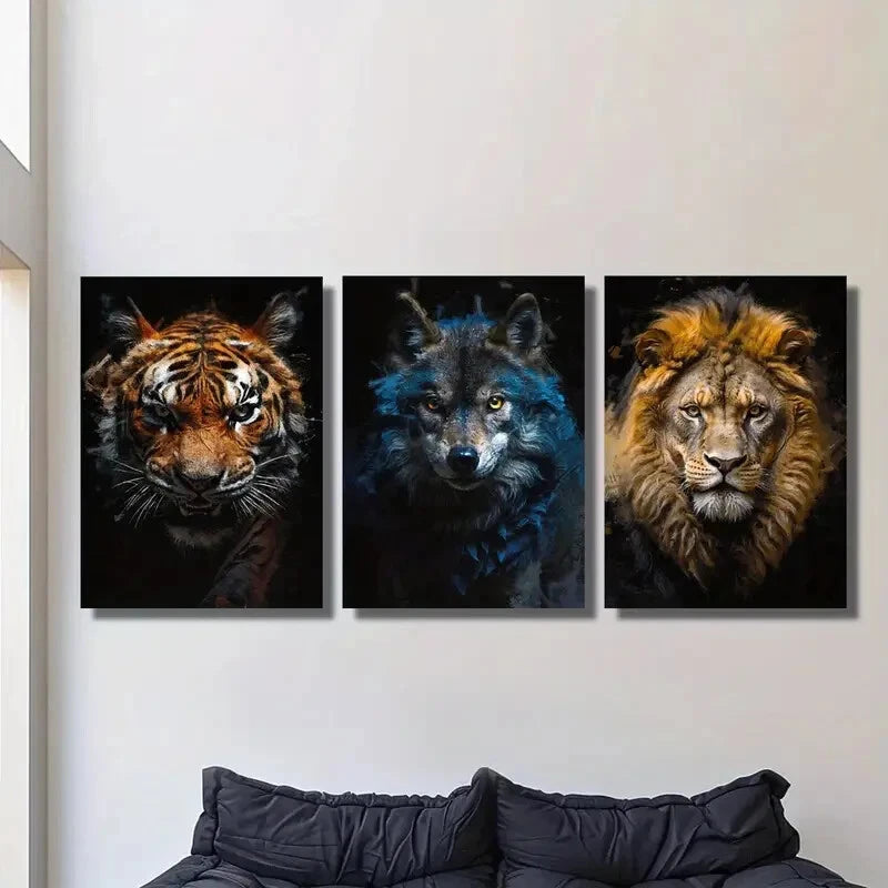 3pcs Animal portraits, tiger, lion and wolf, Metal Print Ready to Hang Art
