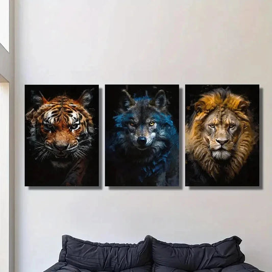 3pcs Animal portraits, tiger, lion and wolf, Metal Print Ready to Hang Art