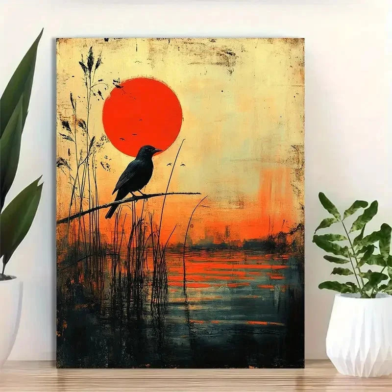 Tranquil Bird On Reeds With Golden Painting 40x60cm Metal Print Ready to Hang