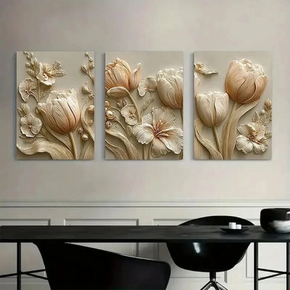 3pcs Embossed Clay Wall Art with Tulips Metal Print Ready to Hang Art