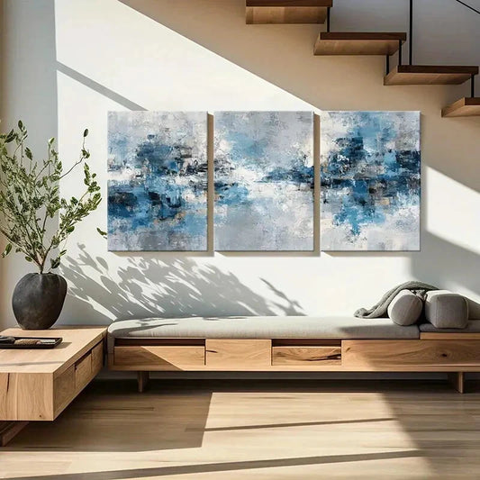 3pcs Modern Abstract Blue & White Textured Metal Print Ready to Hang Art