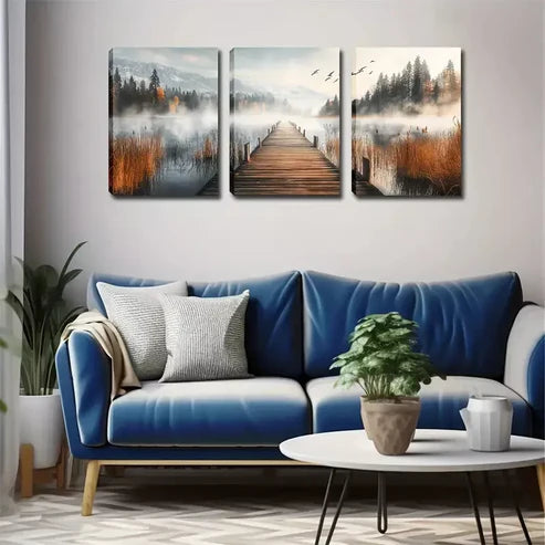 3pcs Peaceful Lake, A Wooden Bridge Wall Art Canvas Unframed - High Quality Print 100% Australian Made Wall Canvas