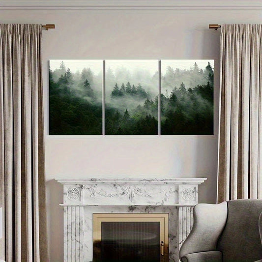 Foggy forest triptych artwork above a fireplace with curtains and sofa.