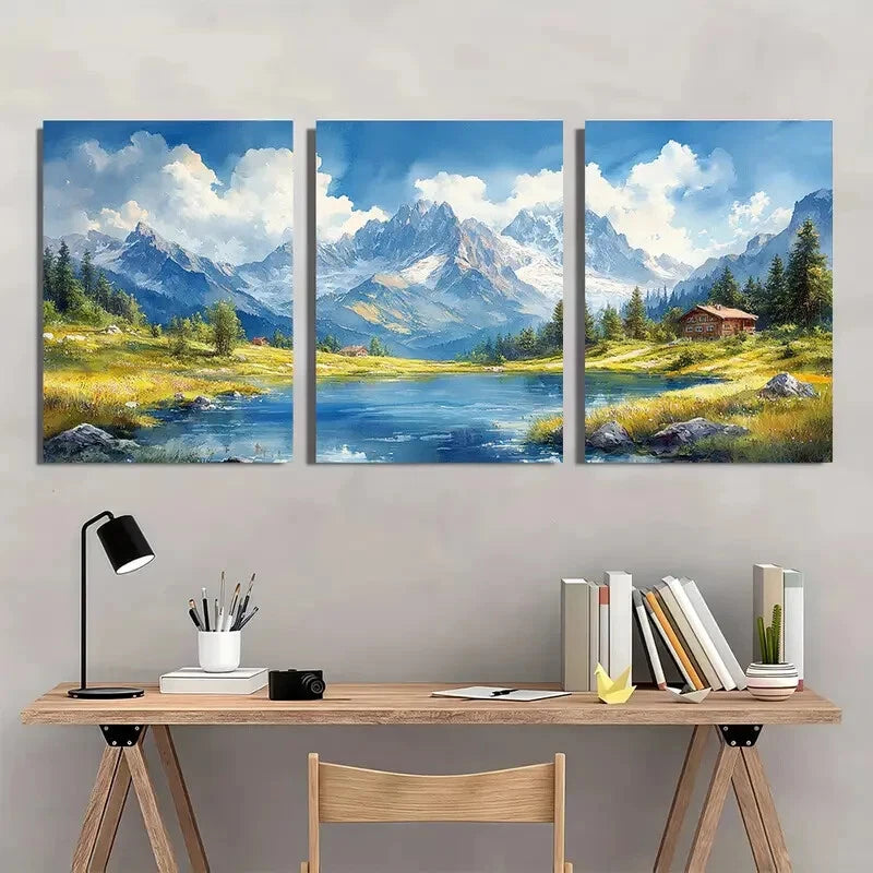 3pcs Alps Mountain Valley Watercolor Landscape Metal Print Ready to Hang Art