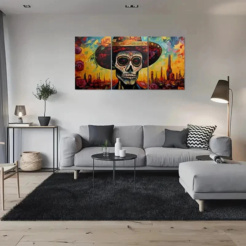 3pcs Day of the Dead Skull Triptych Painting Metal Print Ready to Hang Art