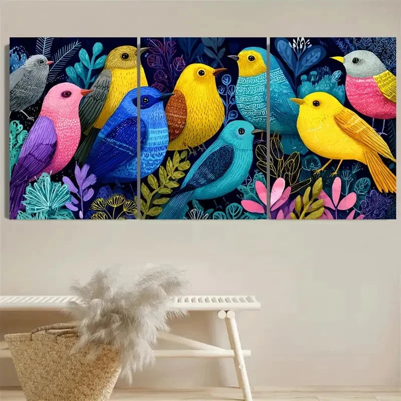 3pcs Colorful Birds Nature Gouache Nursery Art Wall Art Set Canvas Framed 40x60cm - High Quality Print 100% Australian Made Wall Canvas Ready to Hang