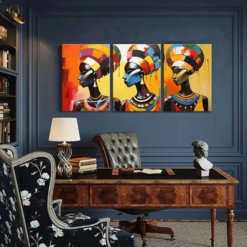 3pcs Abstract African Art Colorful Headdresses Metal Print Ready to Hang Art
