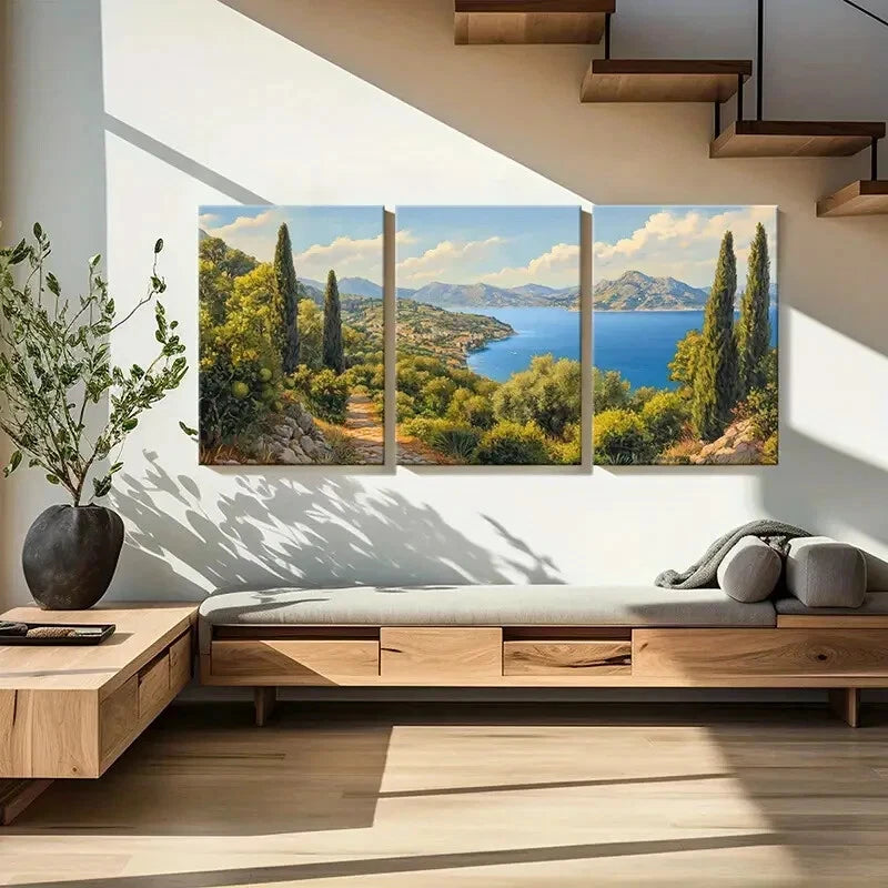 3pcs Mediterranean Coastal Landscape Mountains Metal Print Ready to Hang Art