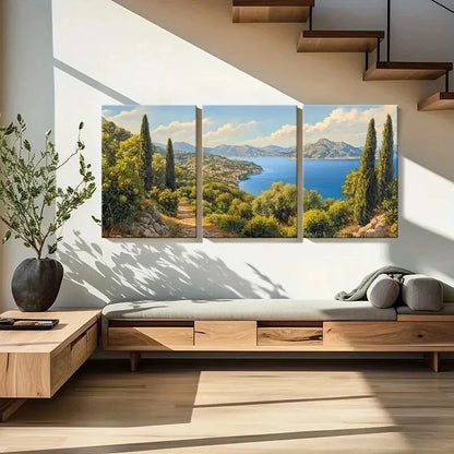 3pcs Mediterranean Coastal Landscape Mountains Metal Print Ready to Hang Art