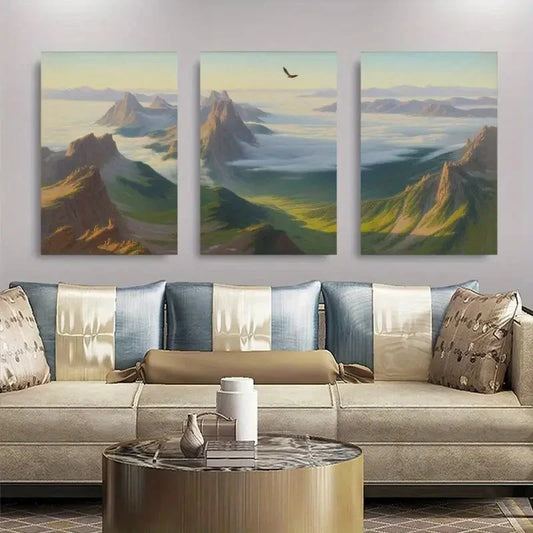 3pcs Misty Mountains & Lush Greenery Landscape Metal Print Ready to Hang Art
