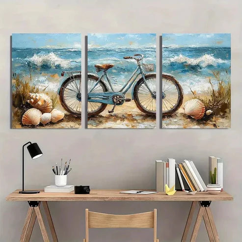 3pcs Ocean Coastal Scene with Seashells Bicycle Wall Art Set Canvas Unframed - High Quality Print 100% Australian Made Wall Canvas