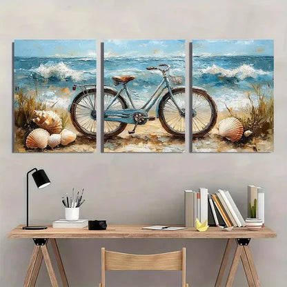 3pcs Ocean Coastal Scene with Seashells Bicycle Wall Art Set Canvas Unframed - High Quality Print 100% Australian Made Wall Canvas