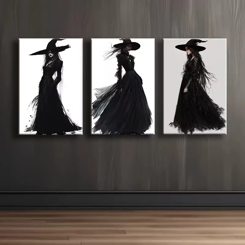 3pcs Elegant Black Witch Wall Art Set Canvas Framed 60x90cm - High Quality Print 100% Australian Made Wall Canvas Ready to Hang