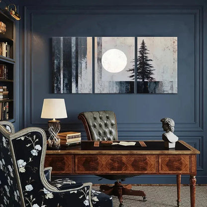 3pcs Abstract Moonlight Pine Tree Landscape Metal Print Ready to Hang Art