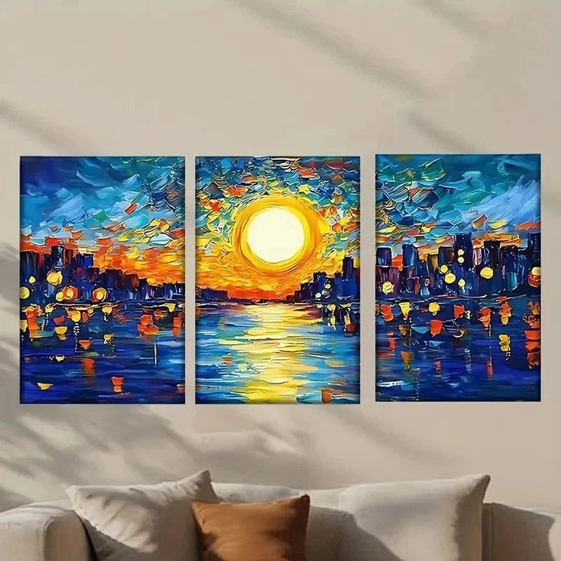 3pcs Painting of a City at Sunset Wall Art Set Canvas Framed 40x60cm - High Quality Print 100% Australian Made Wall Canvas Ready to Hang