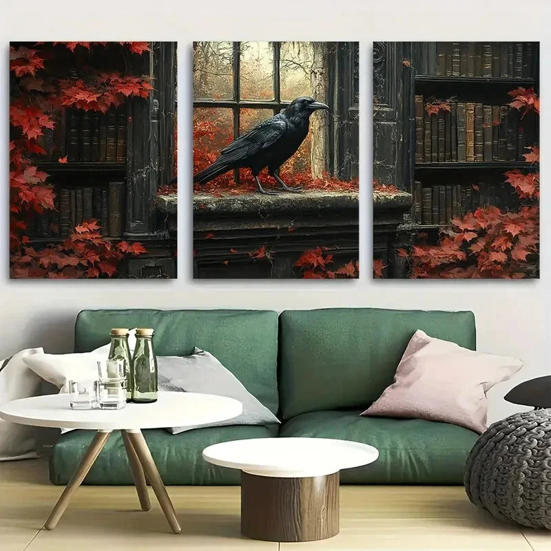 3pcs Gothic Raven in Library Window Metal Print Ready to Hang Art