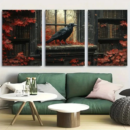 3pcs Gothic Raven in Library Window Metal Print Ready to Hang Art