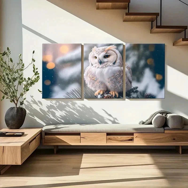 3pcs Snowy Owl in Forest Scene Decor Wall Art Set Canvas Framed 40x60cm - High Quality Print 100% Australian Made Wall Canvas Ready to Hang