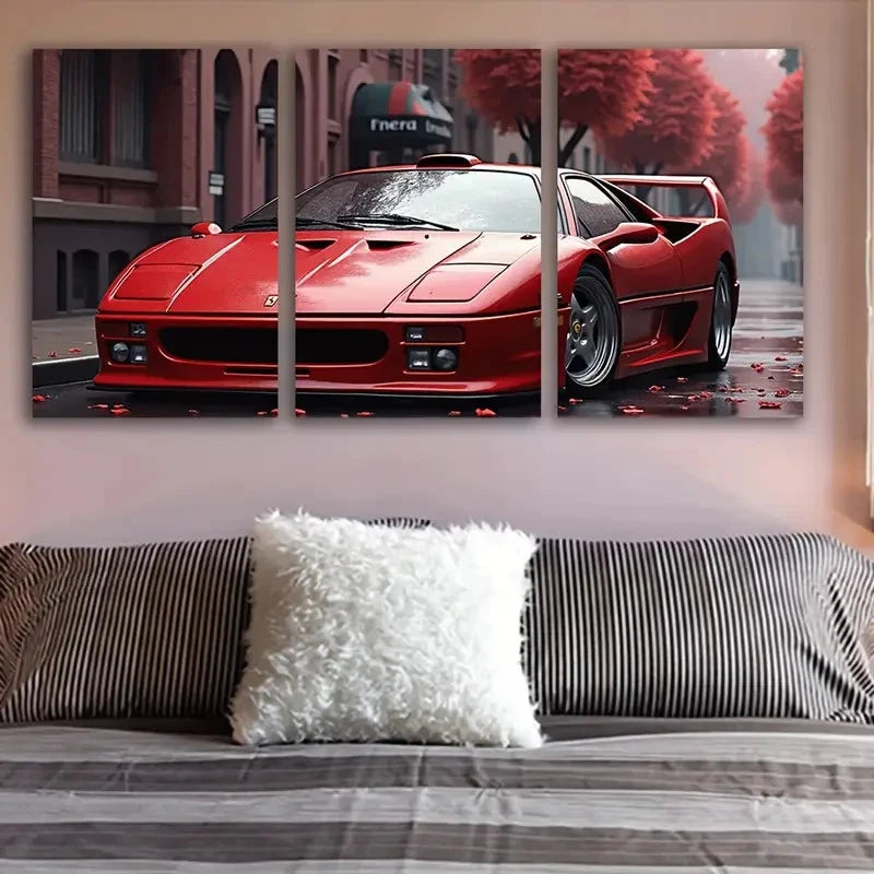 3pcs Red Ferrari In The Cityscape Wall Art Set Canvas Framed 40x60cm - High Quality Print 100% Australian Made Wall Canvas Ready to Hang