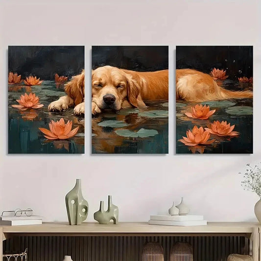 3pcs Golden Retriever Dog with Lotus Flowers Metal Print Ready to Hang Art
