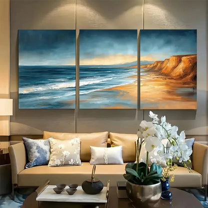 3pcs Golden Coastal Cliff Neutral Ocean Metal Print Ready to Hang Art