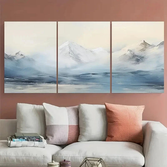 3pcs Serene Blue and White Peaks with Misty Design Metal Print Ready to Hang Art