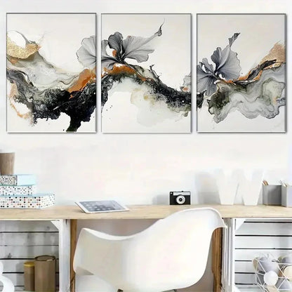 3pcs Abstract Golden Grey and Earthy Tones Metal Print Ready to Hang Art
