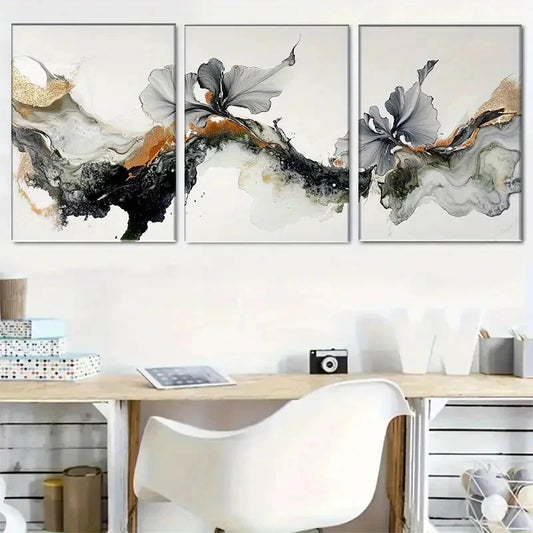 3pcs Abstract Golden Grey and Earthy Tones Metal Print Ready to Hang Art