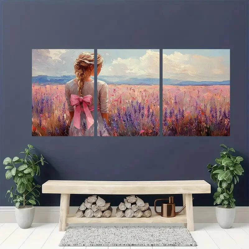 3pcs Pink Bow Art Wildflowers Bouquet Painting Metal Print Ready to Hang Art