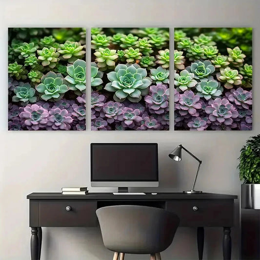 3pcs Natural Green and Purple Succulent Plants Metal Print Ready to Hang Art