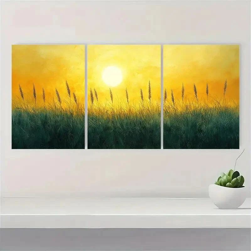 3pcs Sun kissed Grassland Metal Yellow Olive Green Print Ready to Hang Art