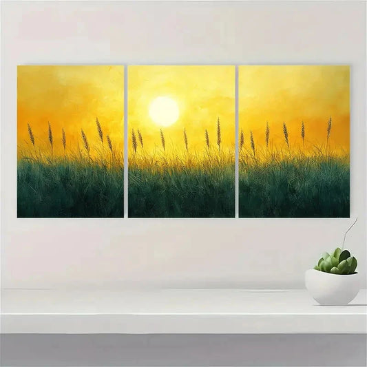 3pcs Sun kissed Grassland Metal Yellow Olive Green Print Ready to Hang Art