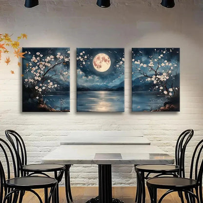 3pcs Serene Night Landscape with Full Moon Metal Print Ready to Hang Art