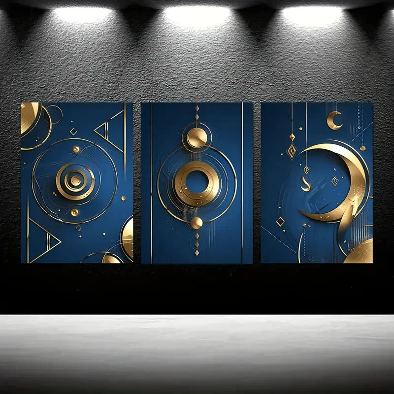 3pcs Navy Blue & Golden Geometric Painting Metal Print Ready to Hang Art