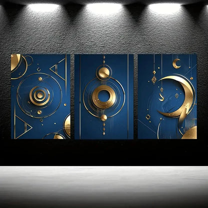 3pcs Navy Blue & Golden Geometric Painting Metal Print Ready to Hang Art