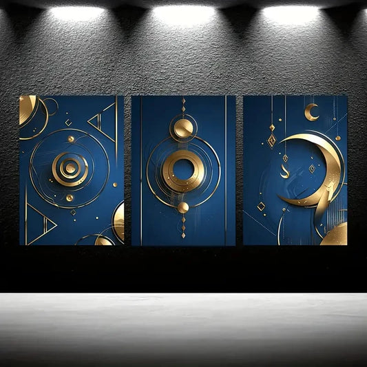 3pcs Navy Blue & Golden Geometric Painting Metal Print Ready to Hang Art