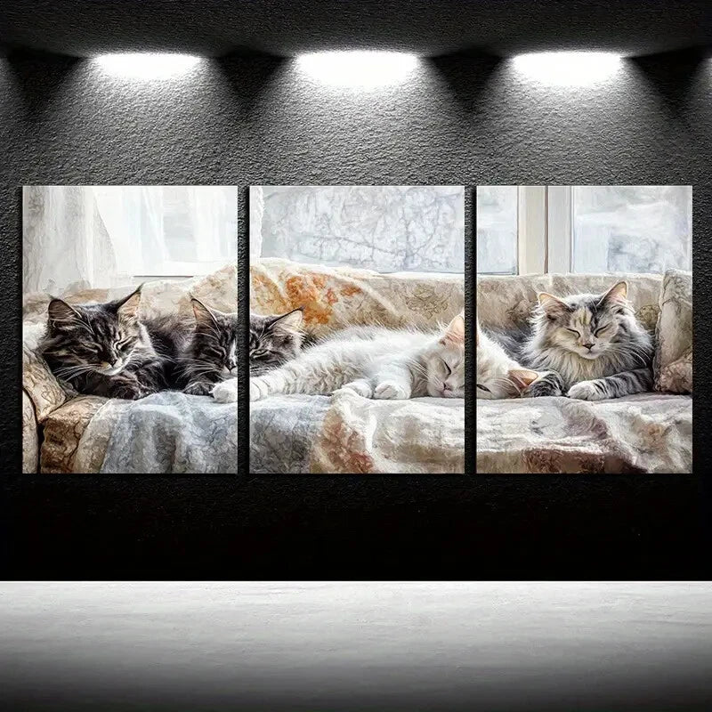 3pcs Charming Cat on Sofa Illustration Metal Print Ready to Hang Art