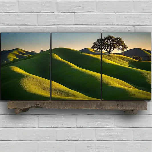 3pcs The Hill at Sunrise Green Themed Metal Print Ready to Hang Art