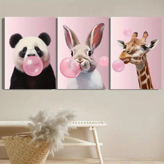 3pcs Giant Panda Rabbit & Giraffe Blowing Bubbles Metal Print Ready to Hang Art