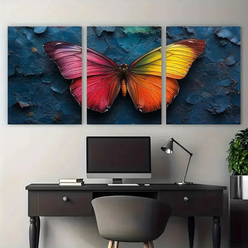 3pcs Vibrant Rainbow Butterfly Abstract Nature Metal Print Ready to Hang Art