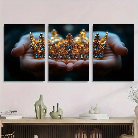 3pcs Elegant Hand Holding Golden Crown Metal Print Ready to Hang Art