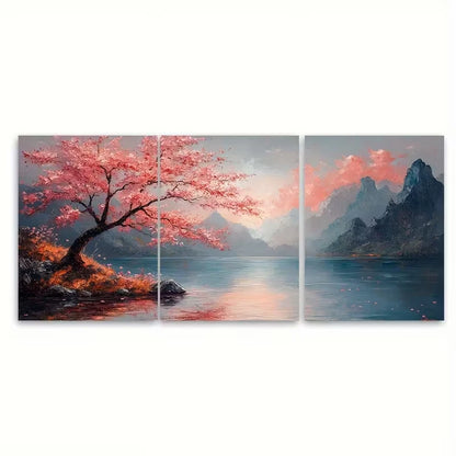 3pcs Sakura Cherry Tree & Tranquil Lake Metal Print Ready to Hang Art