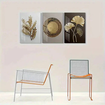 3pcs Golden Leaf Modern Abstract Wall Art Set Canvas Unframed - High Quality Print 100% Australian Made Wall Canvas