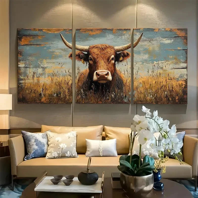 3pcs Highland Cow Country Landscape Minimalist Metal Print Ready to Hang Art