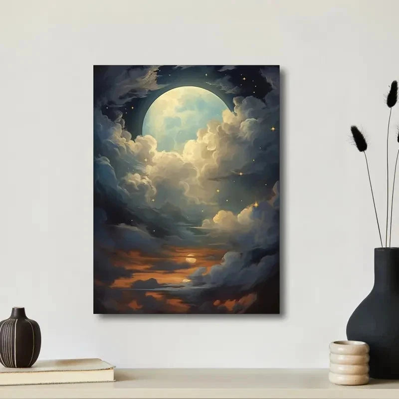 Beautiful Enchanted Full Moon And Clouds Painting 40x60cm Metal Print Ready to Hang