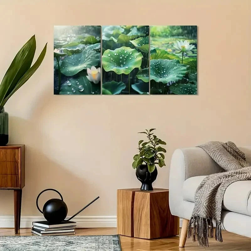 3pcs Vintage Lotus & Raindrop Design Metal Print Ready to Hang Art