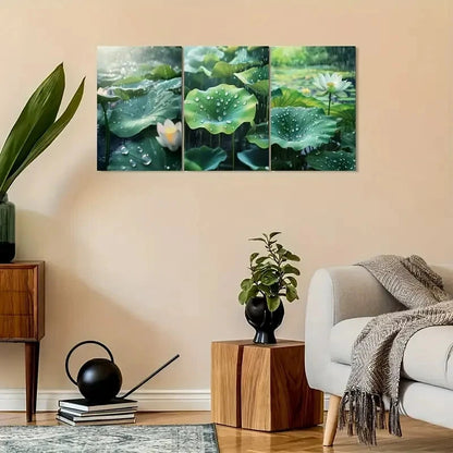 3pcs Vintage Lotus & Raindrop Design Metal Print Ready to Hang Art